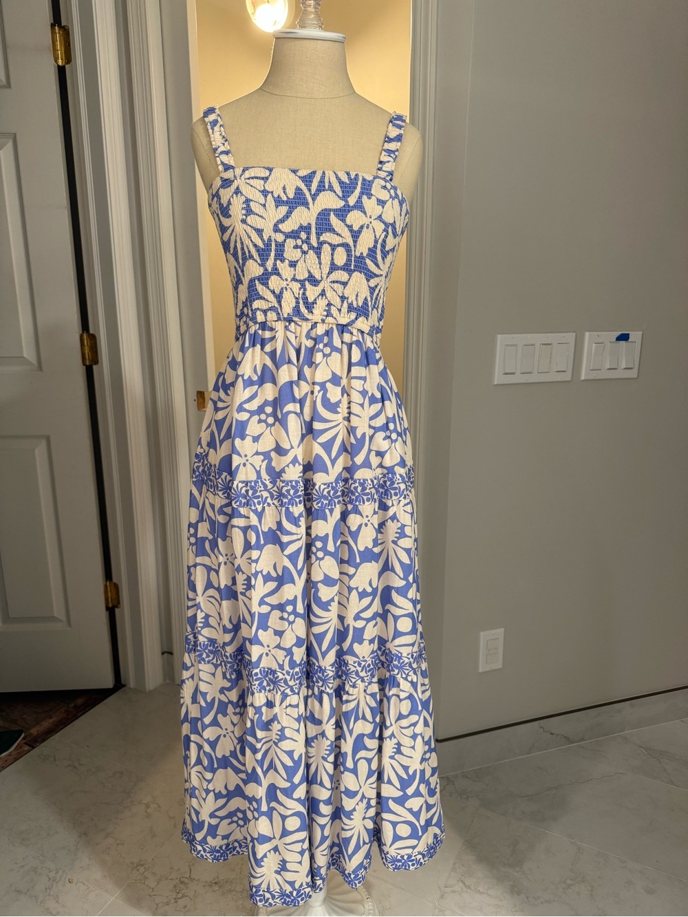Marine Layer Blue and Cream Floral Smocked Maxi